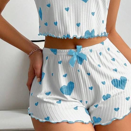 Women's Heart Print Ribbed Pajamas Set Crop Cami Tops And Shorts Cute Pjs