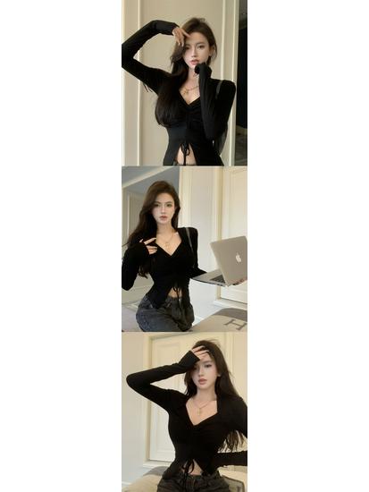 Black Slim-Fit Drawstring Navel-Baring Long-Sleeved Top for Women - Ideal for Spring and Summer