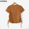 VONDA Summer Women V Neck Short Sleeve Side Drawstring Buttons Up Casual Blouse