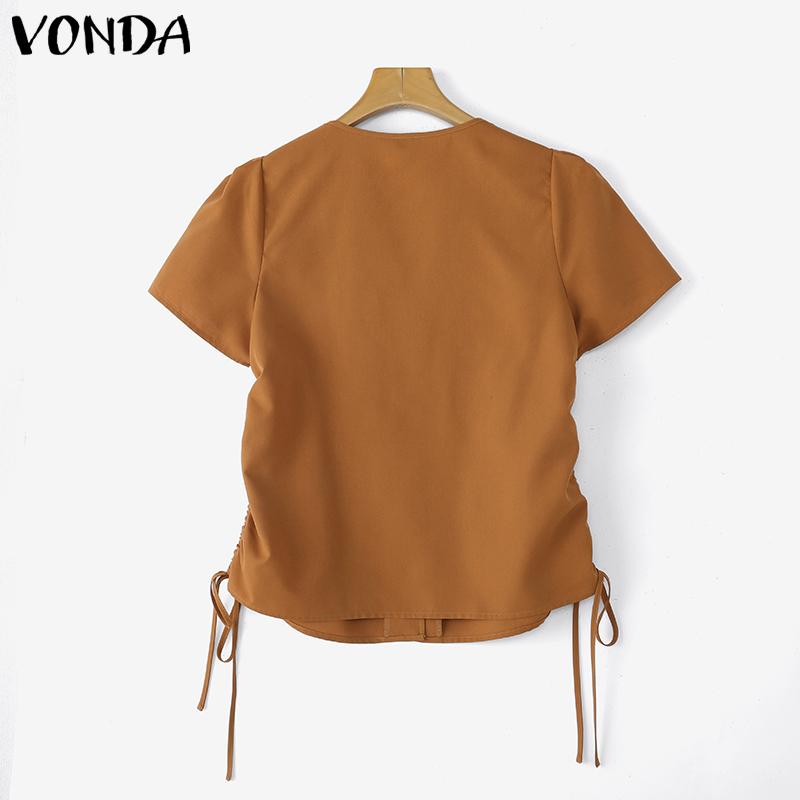 VONDA Summer Women V Neck Short Sleeve Side Drawstring Buttons Up Casual Blouse