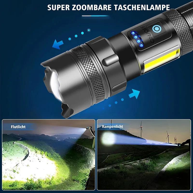 Powerful COB LED Flashlights USB Rechargeable Tactical Torch with Red Light Emergency Zoom Lantern Built-in 18650 for Camping