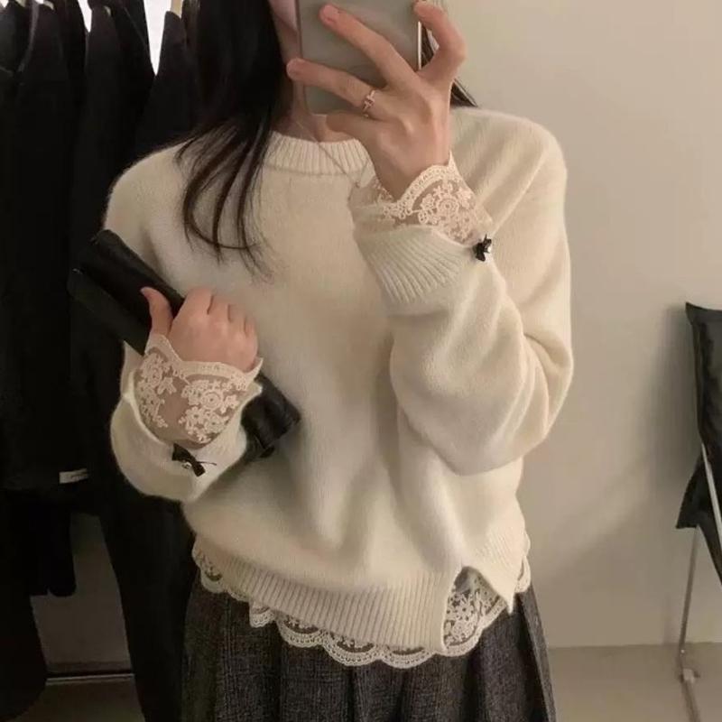 Korean Fashion Sweet Lace Splicing Knitted Pullover Sweater Women Autumn Winter Sweet Bottoming Top Fashion Basic Elegant Loose Solid Color Clothing