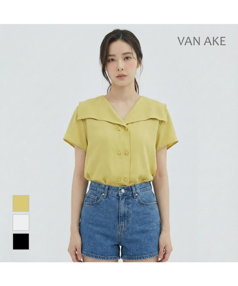 VANAKE Big Collar Double Button Short Sleeve Blouse_Vb35Blud01Z