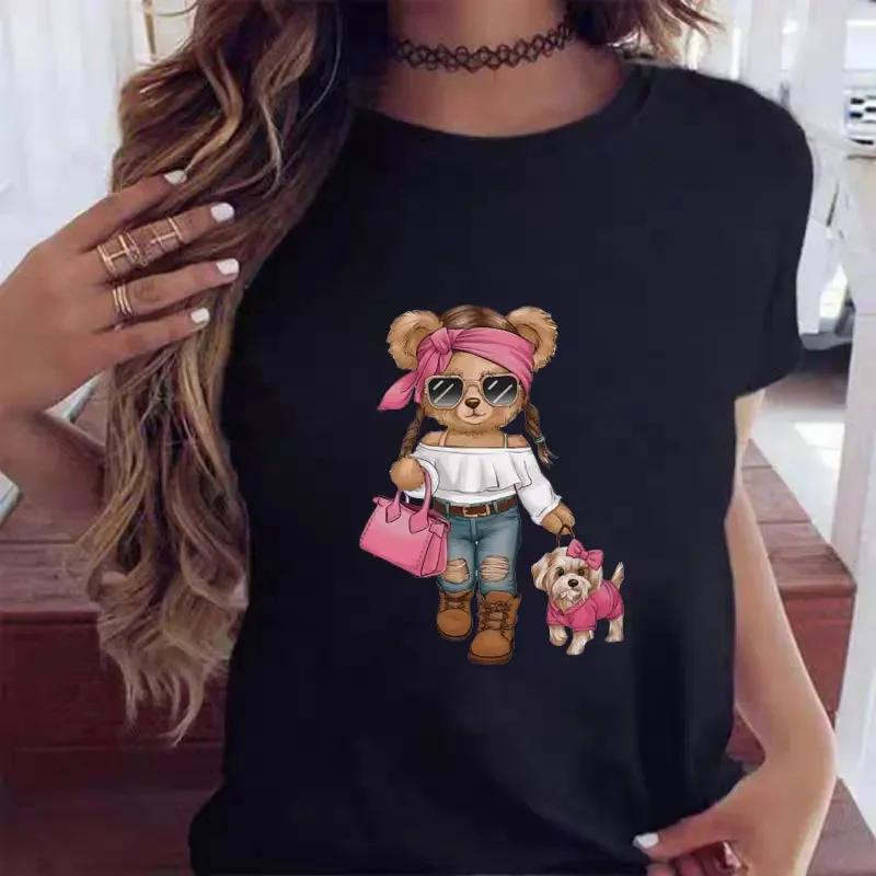 Summer Round Neck Fashionable Bear Printed Top Casual Pure Cotton Short Sleeved Women's T-shirts