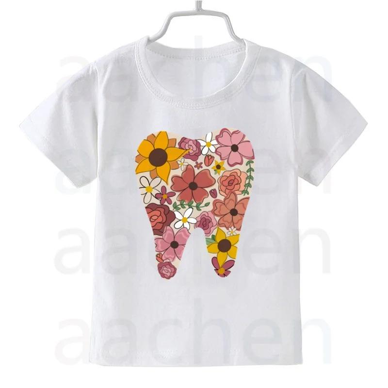 Tooth Dentist Cartoon Print Kid Cute White T Shirt Children Short Sleeve Clothing Funny Cartoon Party Top Boys and Girl Tshirt