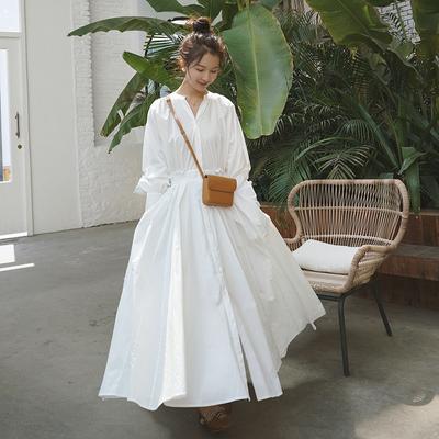 Loose Plus Size Dress Autumn Women's New Style Lantern Sleeves Waist and Knee Lengthened Shirt Dress Large Hem Skirt