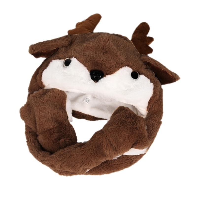 Plush Animal Hat Winter Warm Beanie with Long Ear Flaps Cute Elk with Moving Ears Christmas Gift for Teens Boys Girls