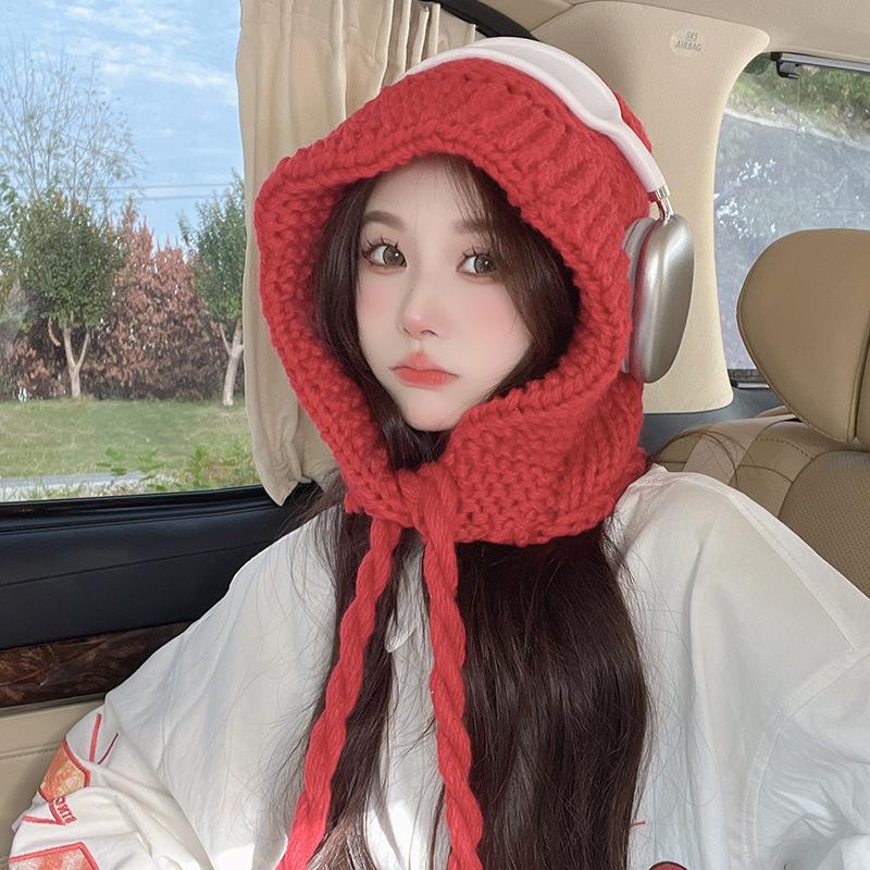 Korean New Hat for Women In Autumn and Winter Balaclava Versatile Warm Head Hat Neck Protection Knitted Wool Hat