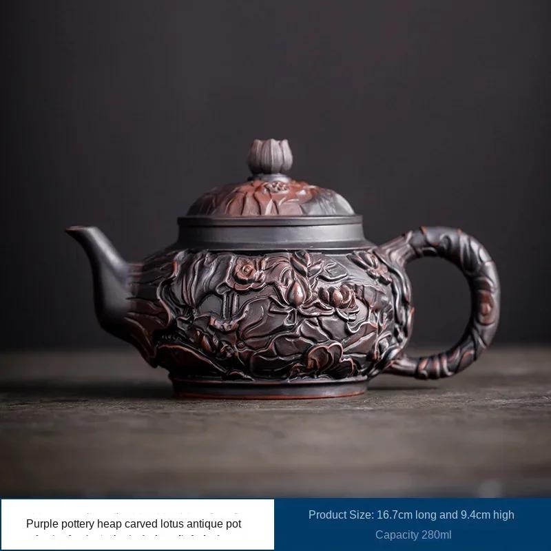Jianshui Purple Pottery Teapot Heap Carving Xianglong Pot Kung Fu Tea Set Purple Clay Pot Deep Carving Tea Making Tea Kettle