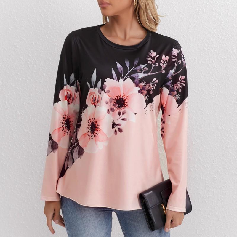 

2024 Весна/Осень Цветочный Длинный Рукав Круглый Вырез Женская Повседневная Футболка M розовый