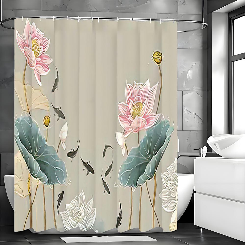 Chinese Ink Painting Lotus Flower Lotus Leaf Fish Shower Curtain, Bathroom Decorative Shower Curtain, Waterproof Shower Curtain