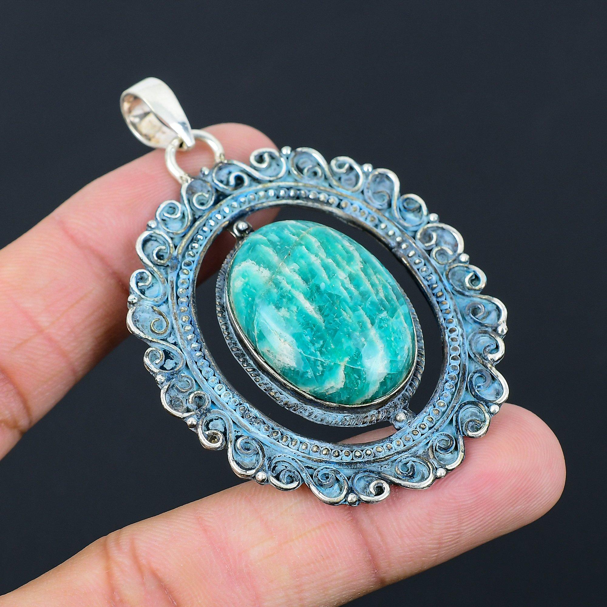 

Mothers day Deal Oval Amazonite Gemstone Heart Chakra Artisan Pendant 925 Silver