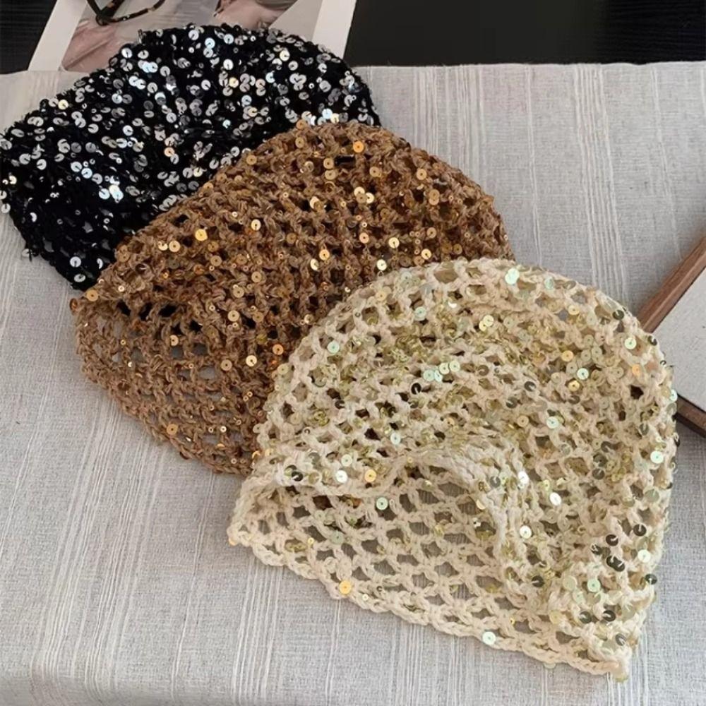 Retro Hollow Sequined Beanies Cap Korean Ear Protection Hat Fashion Knitted Hat For Women