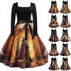Women's Vintage Square Neck Long Sleeve Halloween Print Evening Dress