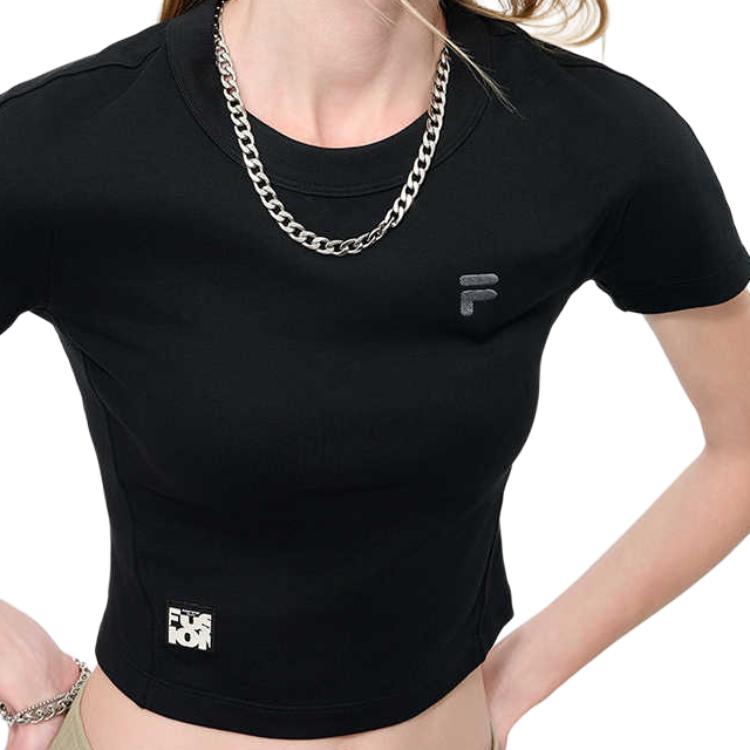 FILA Fusion Workwear Solid Color Casual Simple Short Sleeve T-Shirt Women tops Black T11W433105F-BK