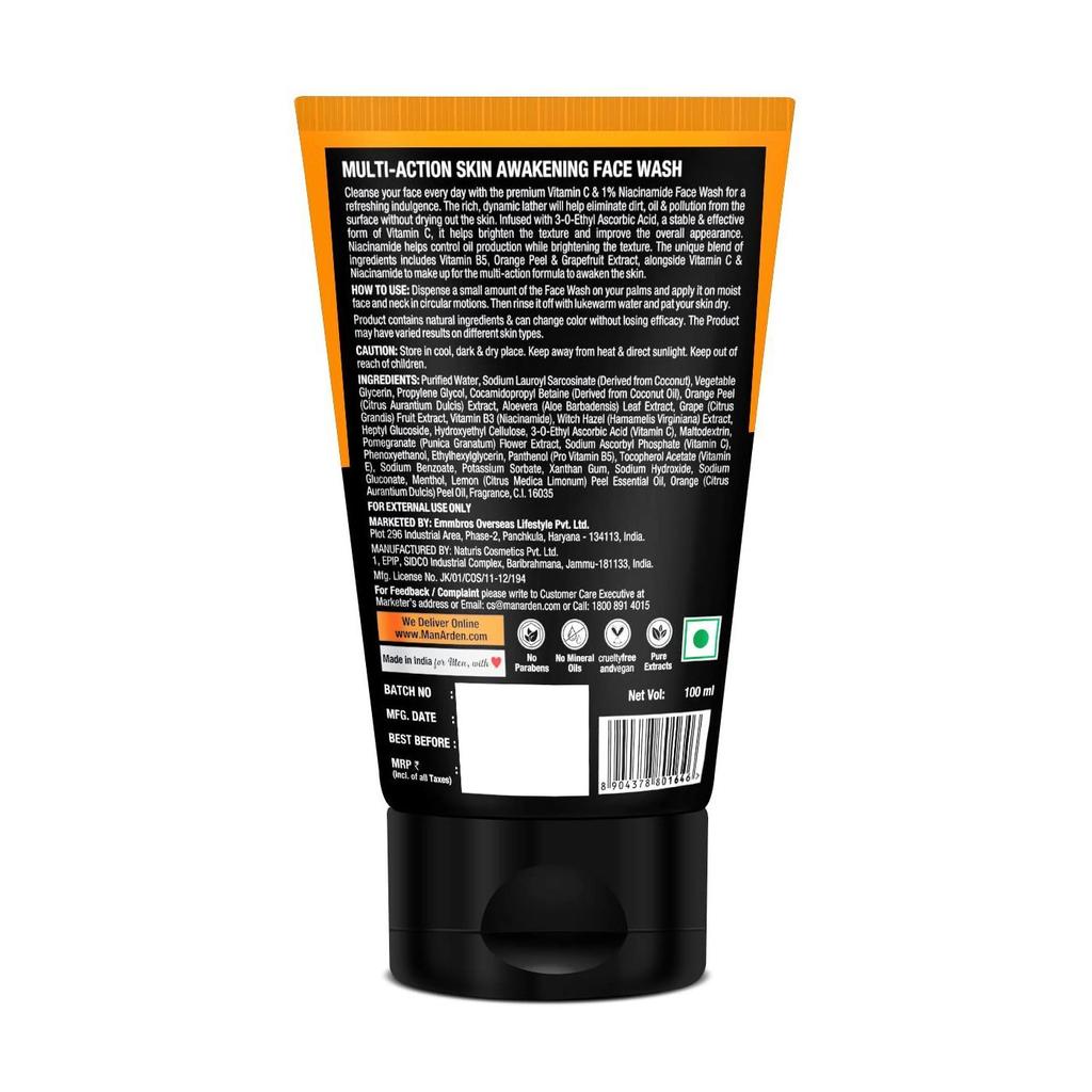 Środek czyszczący z witaminą C i niacynamidem (100 ml), Wielozadaniowy żel do mycia twarzy pobudzający skórę Witamina C + Niacynamid, Man Arden