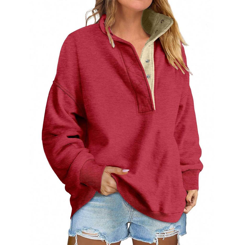 Women's Fashion Long Sleeve Solid Color Pullover Sweatshirt Casual Loose Button Sweatshirt
