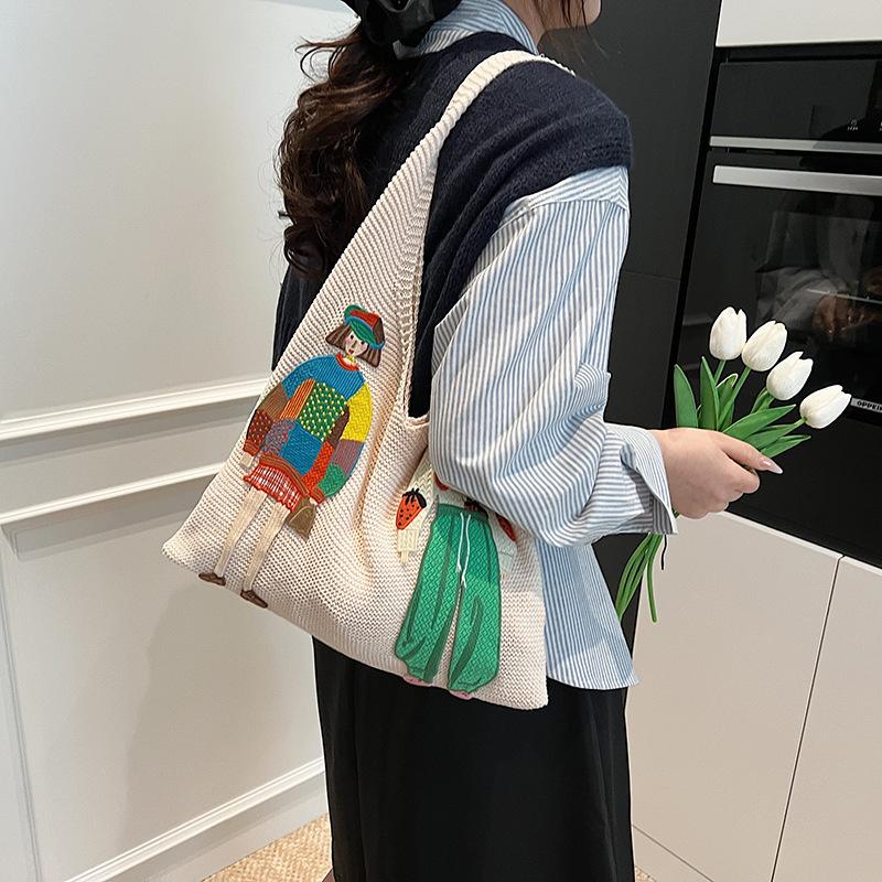 

Large capacity knitted bag women s spring and summer new versatile woven shoulder shopping bag cloth bag tote bag белый