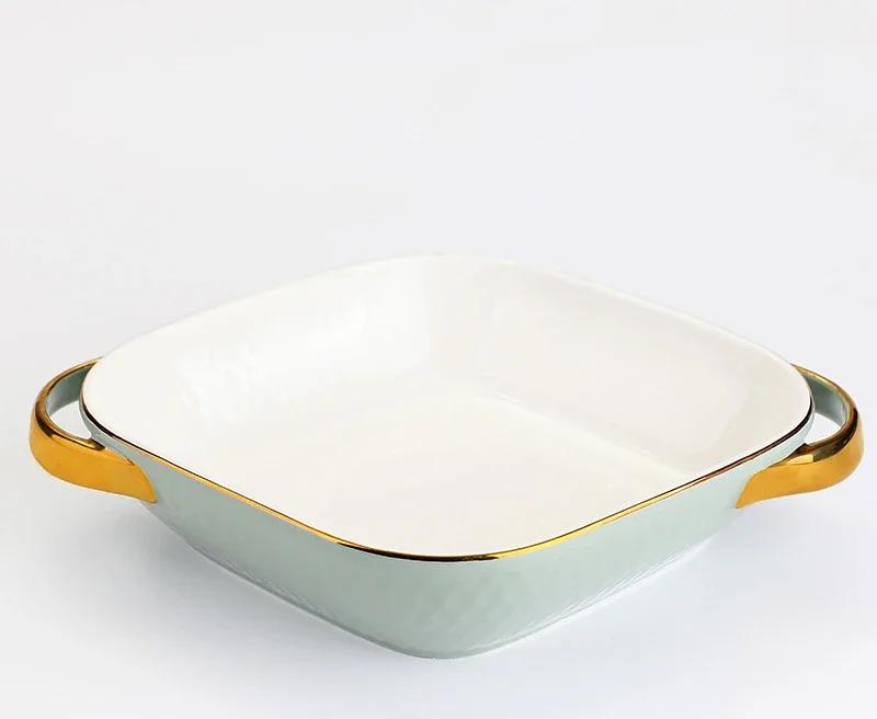 

Golden Side Baking Tray Rectangle Oval Ceramic Glaze Baking Pan Barbecue Salad Plate Oven Kitchen Bableware