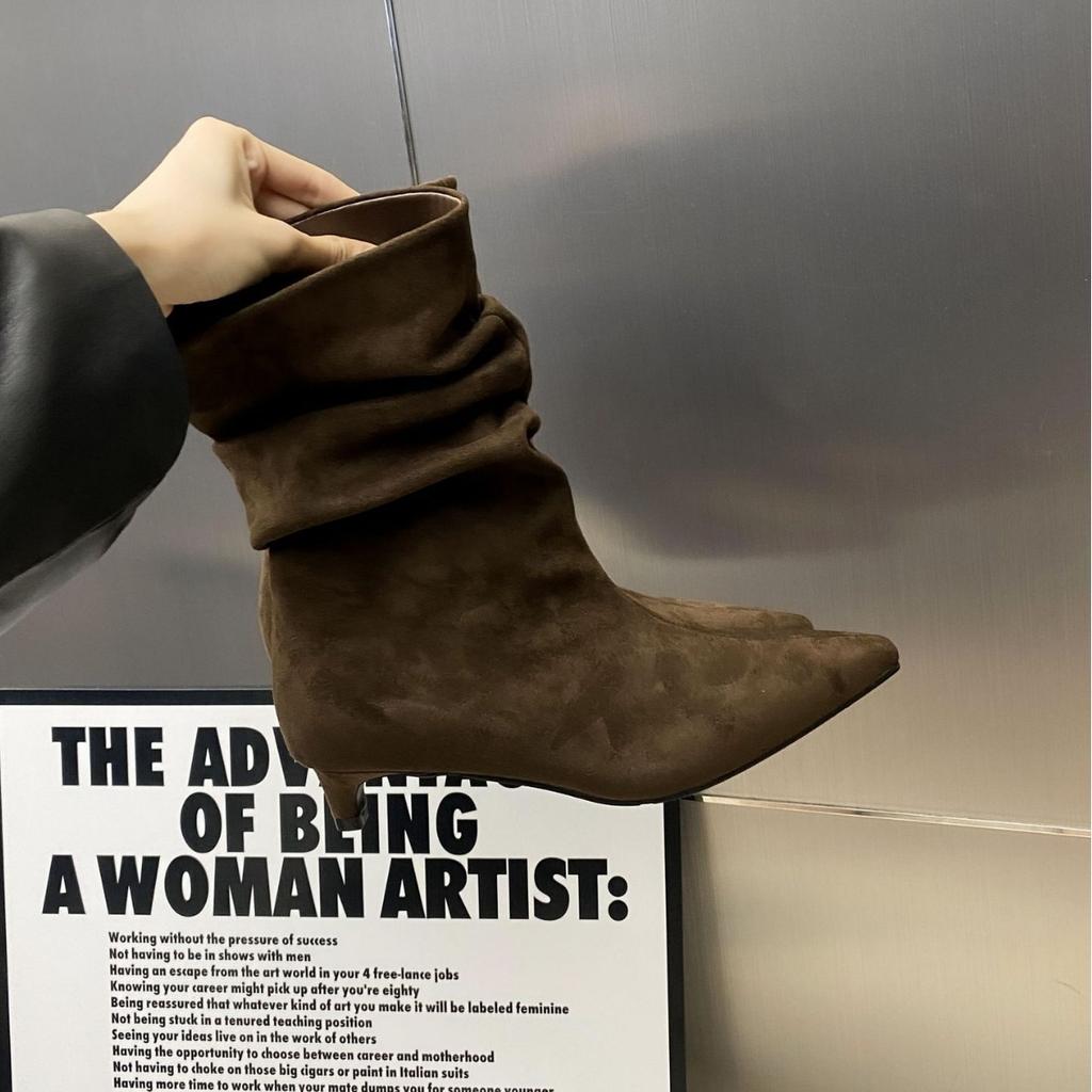2025 Autumn New Pointed Pleated Low Tube Thin Fashion Martin Chelsea Women's Short Boots