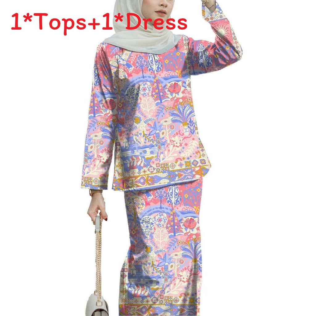 

Art Nouveau Long Dress Twopiece Set With 3d Digital Print For Casual And Formal Wear Pink Blue,3XL