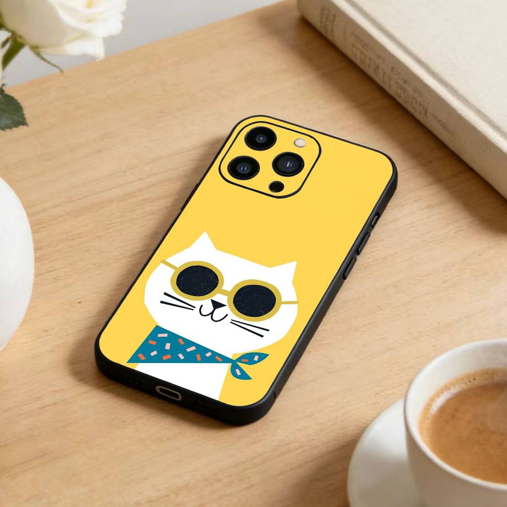 Striped Shirt Coffee Cat Phone Case For iPhone 17 16 15 14 13 12 Max Plus Silicone Black Cover