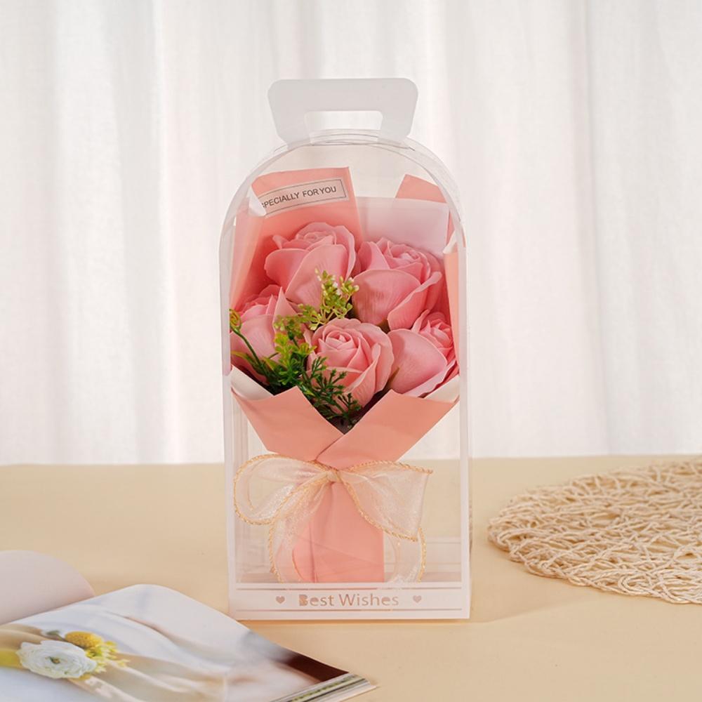 5 Heads Artificial Flowers Artificial Rose Flower Bouquet with PVC Transparent Gift Box Valentine's Day Mother's Day Soap Flower