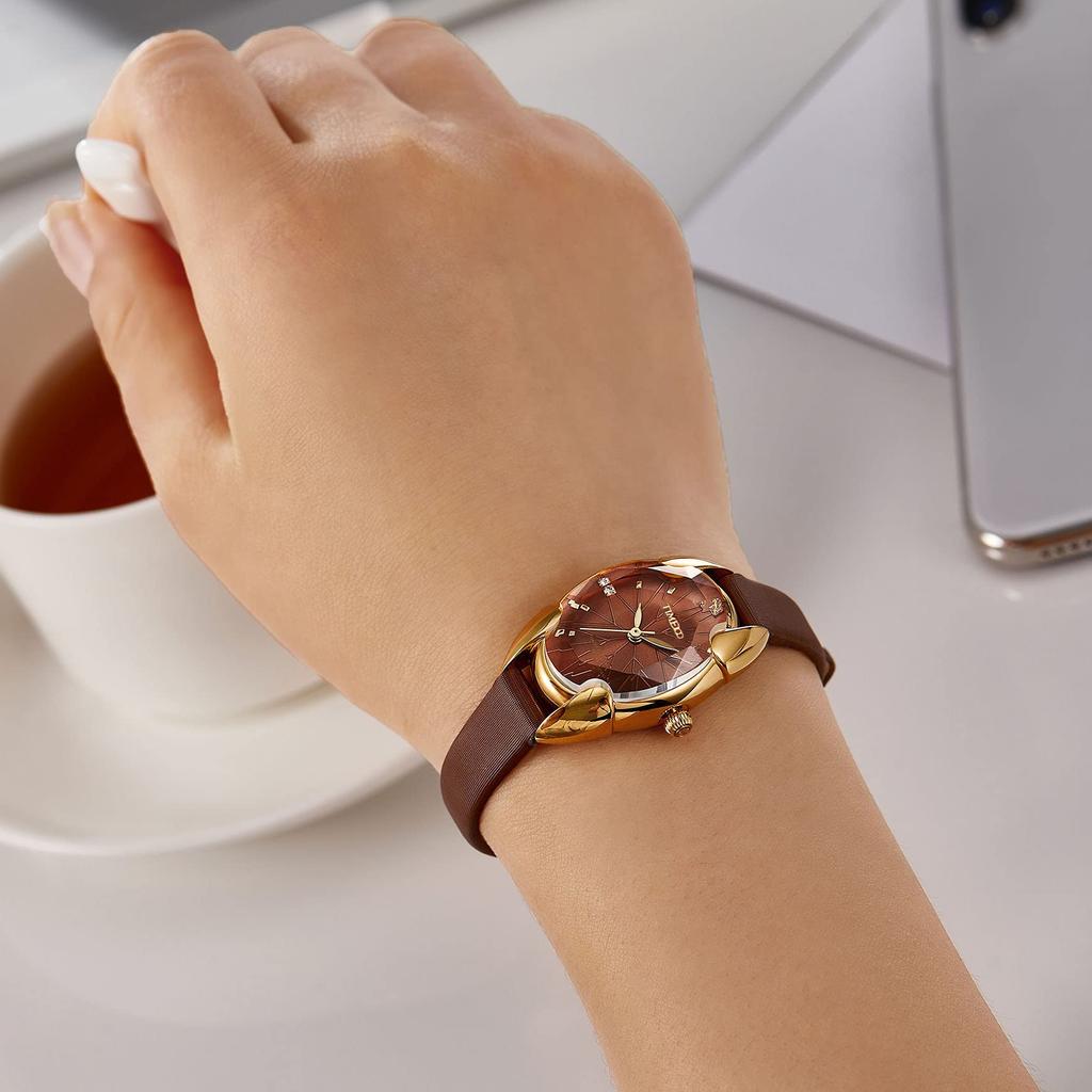 Time100 Watch with Multifaceted Diamond Japanese 30M Water and Brown Butyl Strap Women's Crystal, Movement, Resistance,