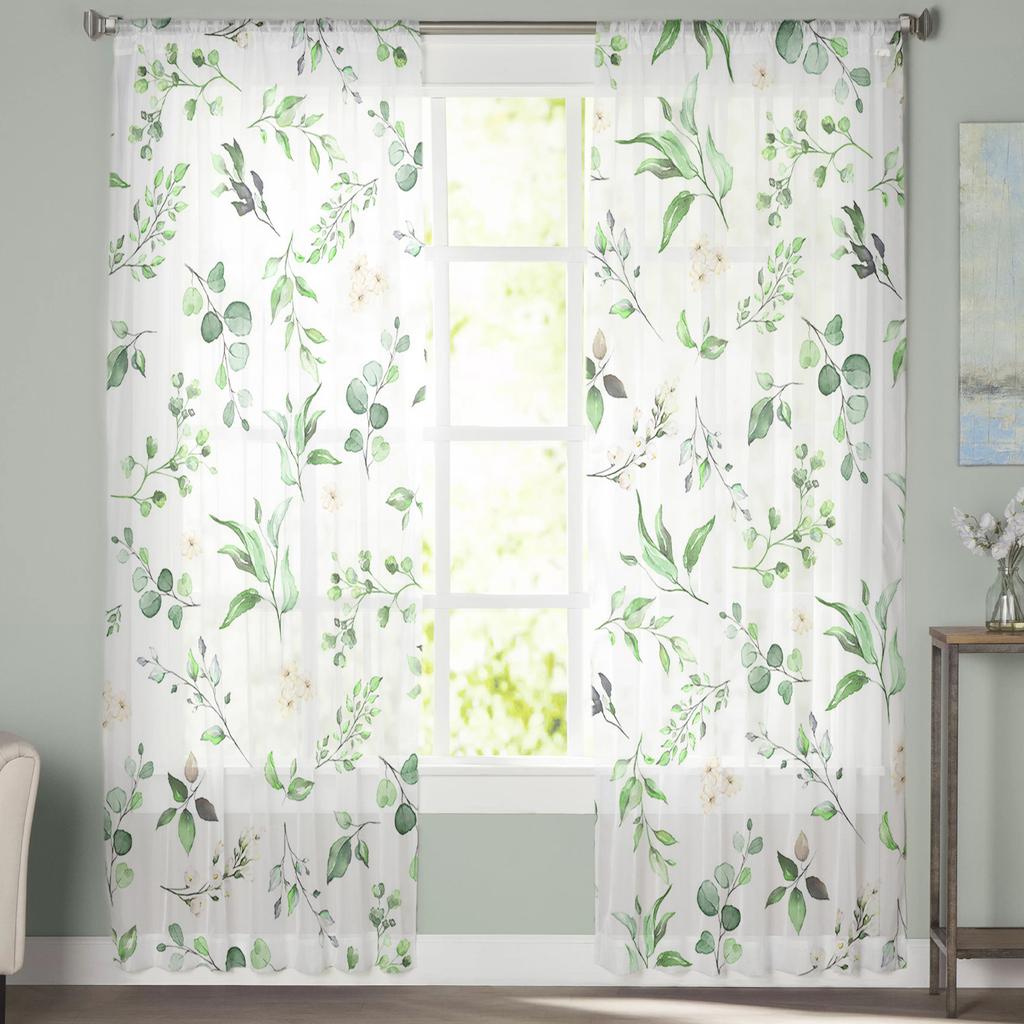 Tüllvorhang mit Aquarellblumen und Blättern, grün, Voile, transparenter Tüll für Schlafzimmer, Wohnzimmer, Küche, durchsichtige Fenstervorhänge