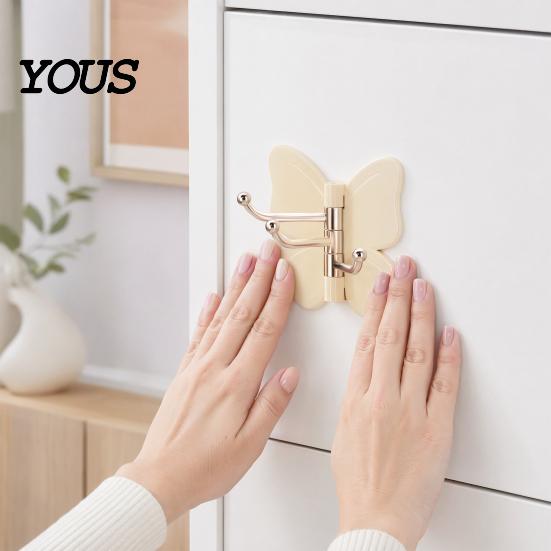 Hair Tie Holder Hook Rotating Butterfly Adhesive Wall Hooks, 3-Prong No-Drill Swivel Hangers, with Key Adjustable Angle Space-Saving Hook, for