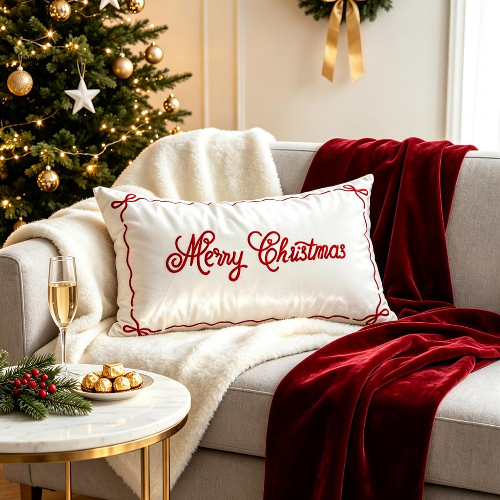 Christmas Embroidered Throw Pillow Cover Red White Bow Decorative Cushion Cover for Couch Living Room Home Decor 45x45 Cm