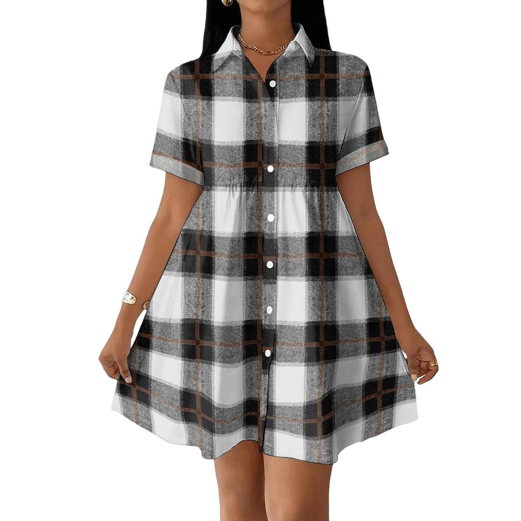 Women Casual Loose Fit Shirt Dress Button Front Short Sleeve Collared Dress Lightweight Plaid Pattern Summer Dress