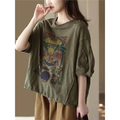 Women Vintage Print Floral T-Shirts O-Neck Short Sleeve Tees Summer Cotton Loose Women Casual Soft T-Shirts