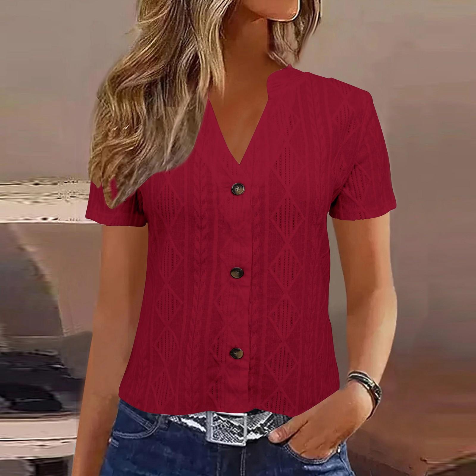 Womens Tops Dressy Casual V Neck Color Short Sleeve Blouse Casual Tops Summer Shirt L винный