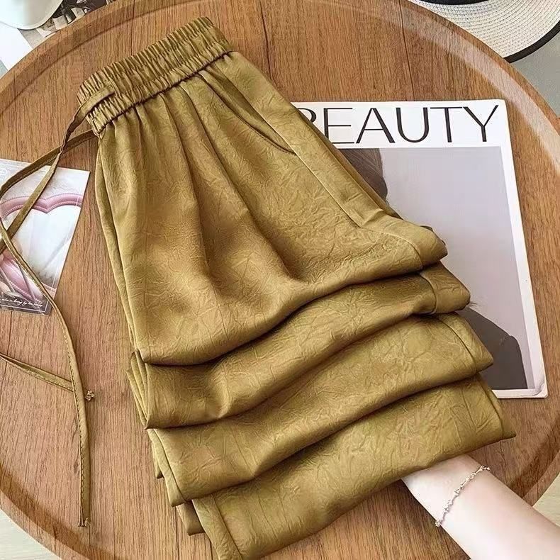 Pantaloni subțiri de vară din satin pentru femei - Pantaloni cu picior drept și picior larg brodați în stil chinezesc nou, cu aer tradițional