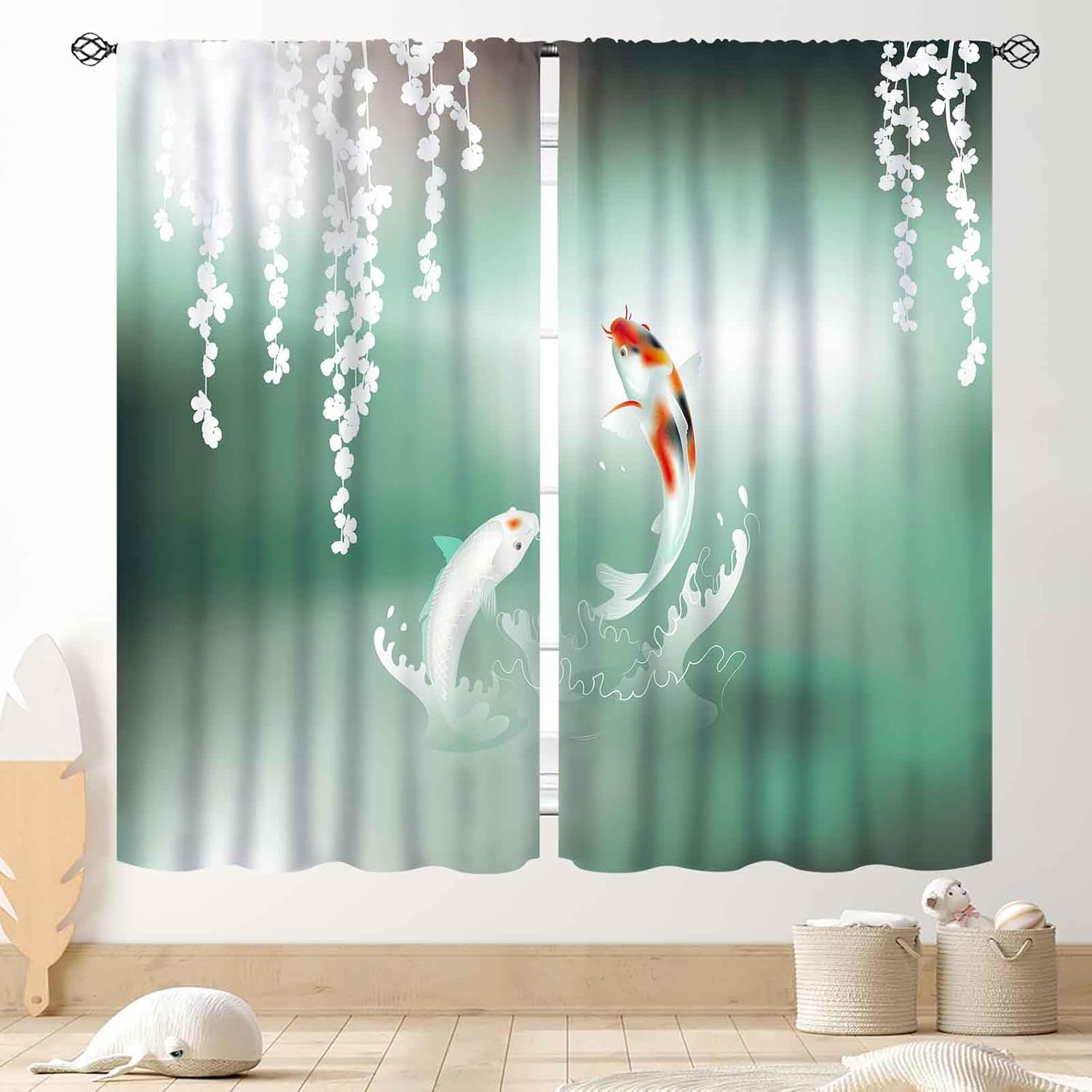 

Koi Fish Curtains Traditional Japanese Carp Printed Oriental Asian Style Retro Green Teal Drapes Treatmens Fo Curtain Polyester W100*H70(CM)-Hooks&2PCS