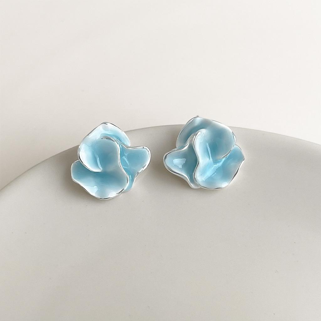 Light Blue Enamel Camellia Stud Earrings Irregular Petal Design Drip Glaze Flower Earrings Fashion Elegant Jewelry Gift For Women Girls