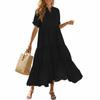 Damen Kurzarm V-Ausschnitt Stufen Maxikleid Locker Gummizug Taille Sommer Lässig Fließend Langes Kleid Knöchellang
