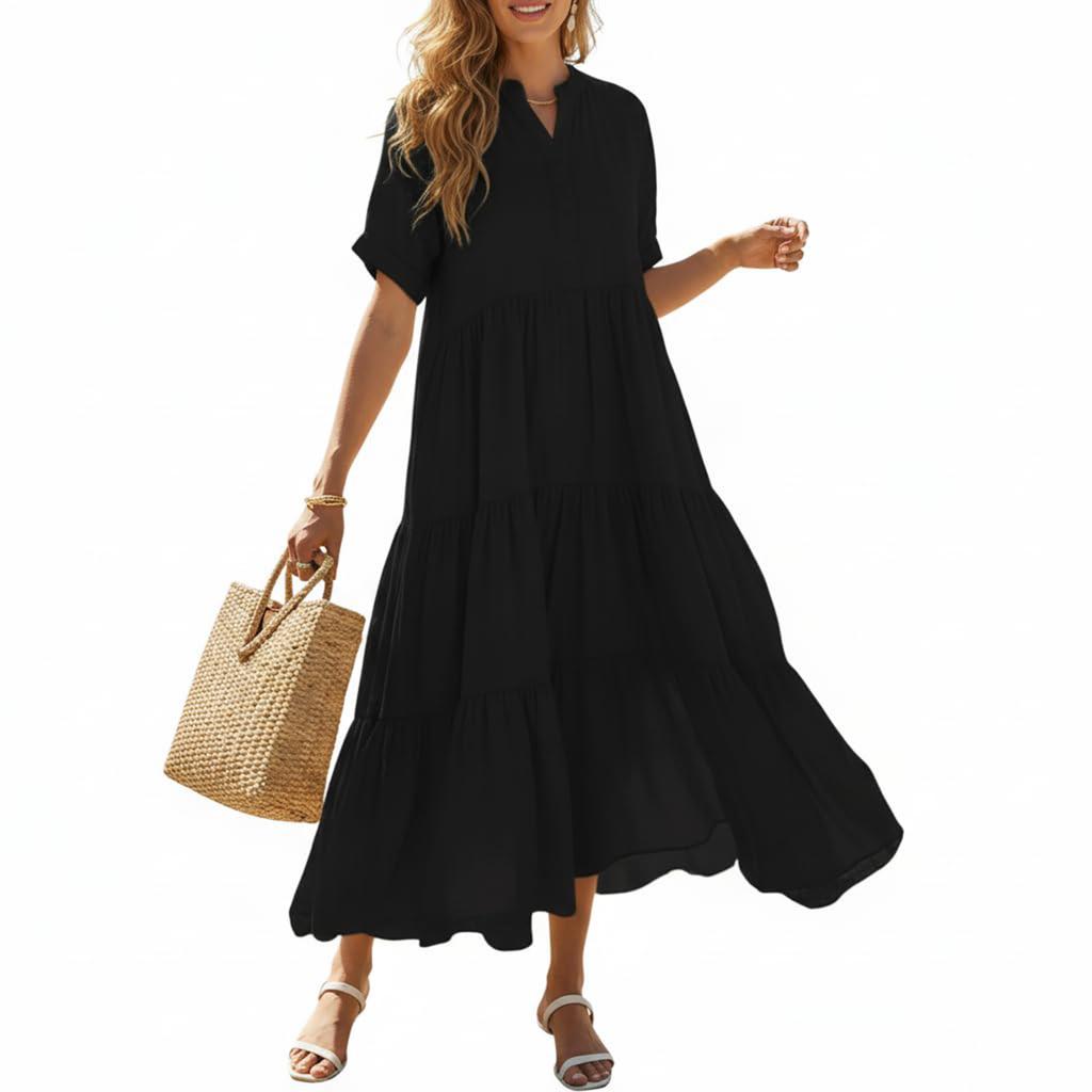 Damen Kurzarm V-Ausschnitt Stufen Maxikleid Locker Gummizug Taille Sommer Lässig Fließend Langes Kleid Knöchellang