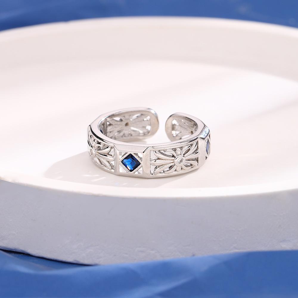 Ladies Adjustable Hollow Flower Square Zircon Open Rings Jewelry