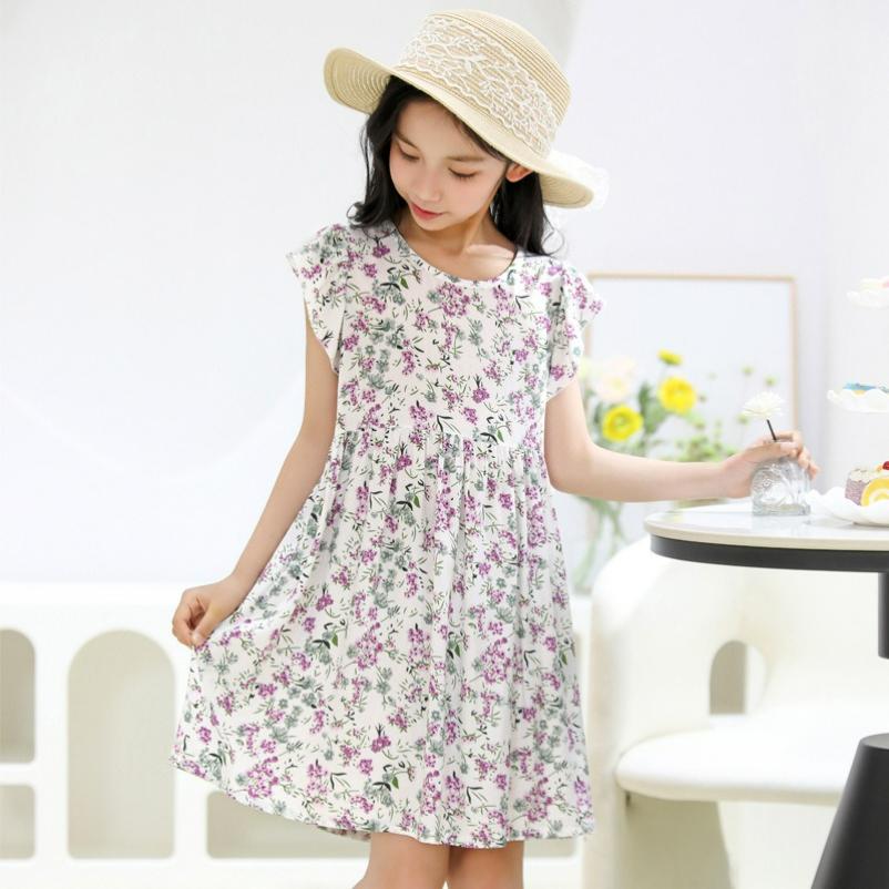Girls' Cotton-padded Fly-sleeved Dresses, Big Children's Printed Floral Skirts, Back Straps, and Beach Skirts