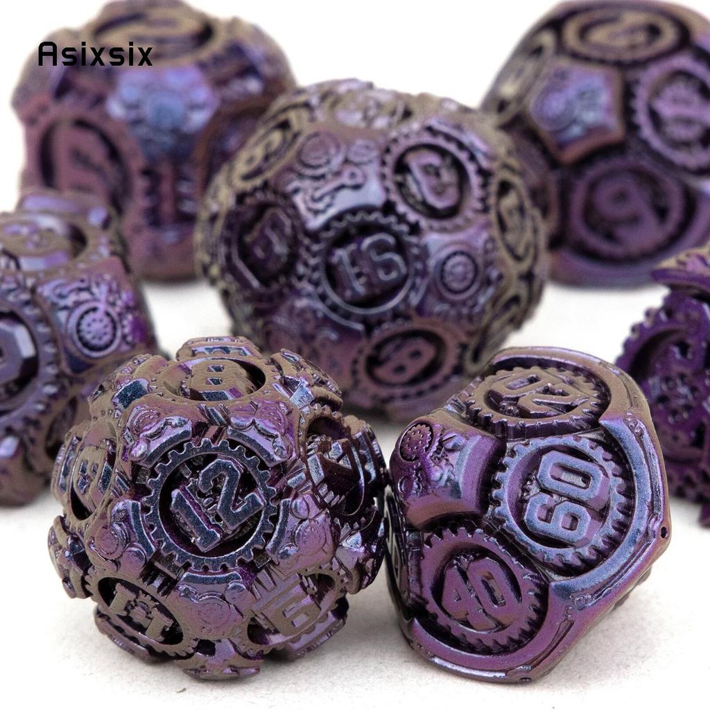 7-teiliges violett-schwarzes Zahnrad-Metallwürfel-Set aus solidem polyedrischem Metall, geeignet für Rollenspiele, RPG-Brettspiele, Kartenspiele