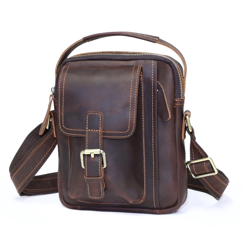 DUJIANG Herren Vintage Crazy Horse Leder Umhängetasche - Echtes Leder Freizeit Outdoor Tasche