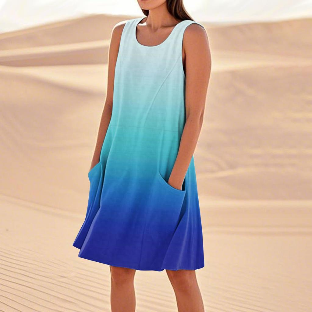 Women's Fashion Casual Gradient Print Sleeveless Pocket Beach Dress