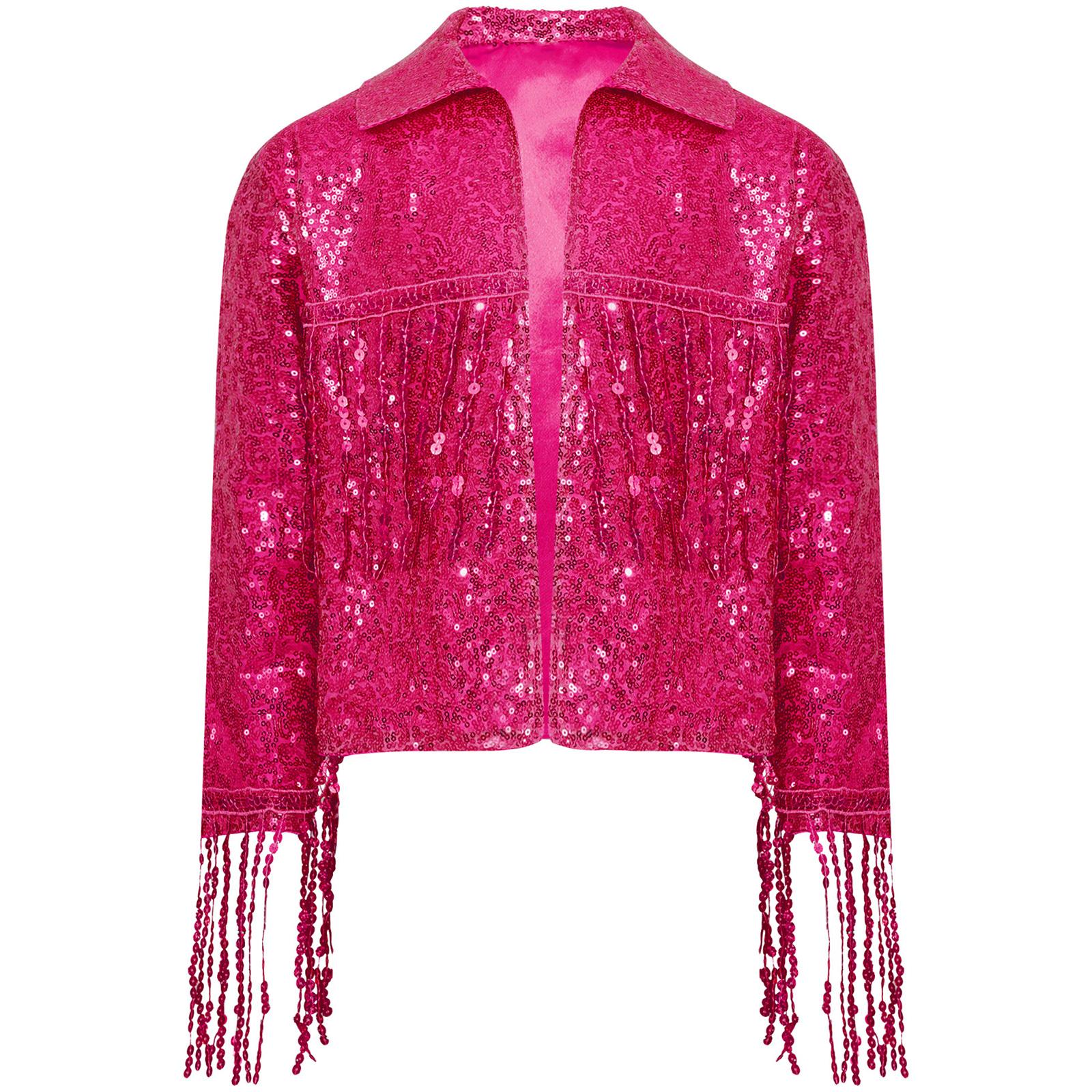 

Girls Party Jacket Sparkly Sequin Tassel Detail Long Sleeve Open Front Stage Costume Coat 5-6 Years гарячі рожевого кольору