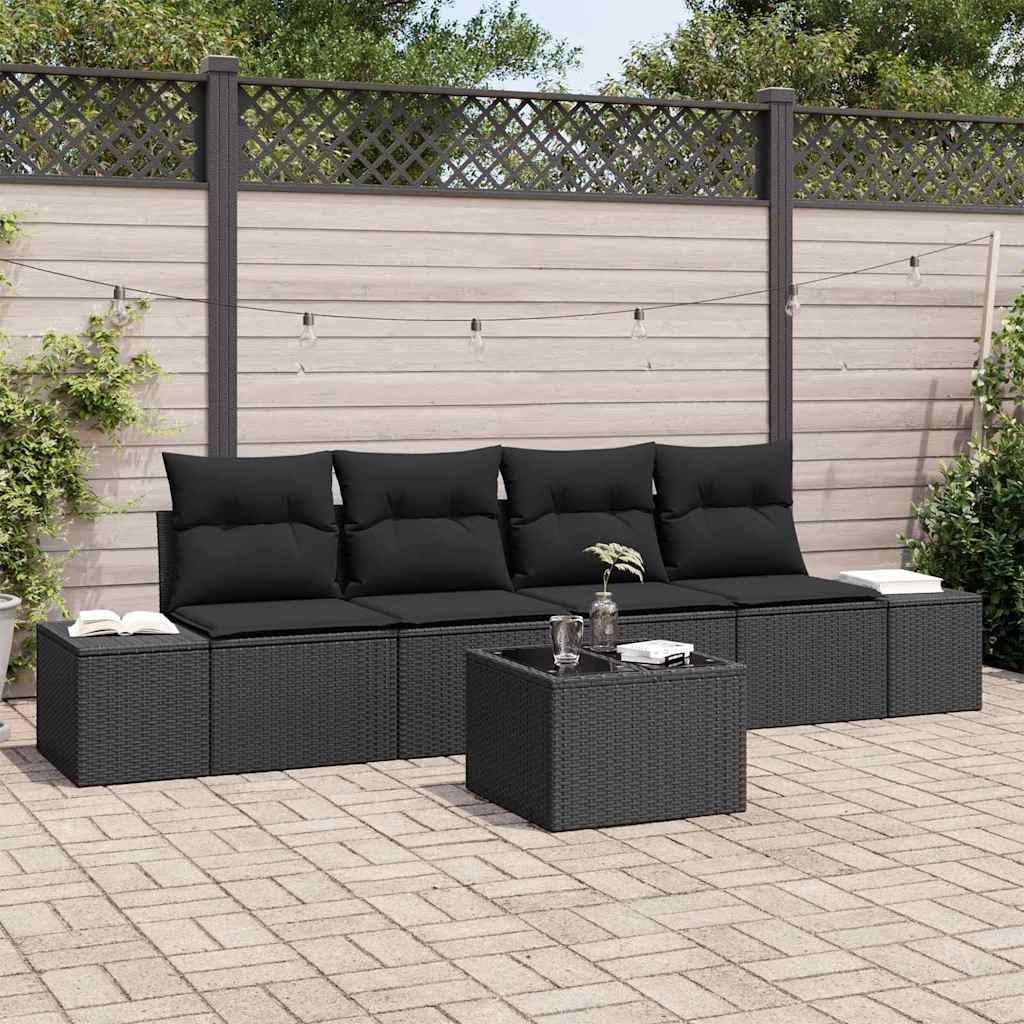 5 Piece Sofa Set with Cushions Black Poly Rattan