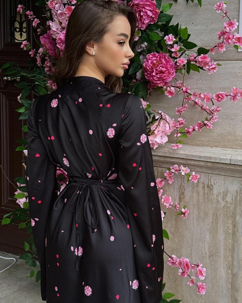 2025 Spring High-End French V-Neck Satin Print Swing Dress