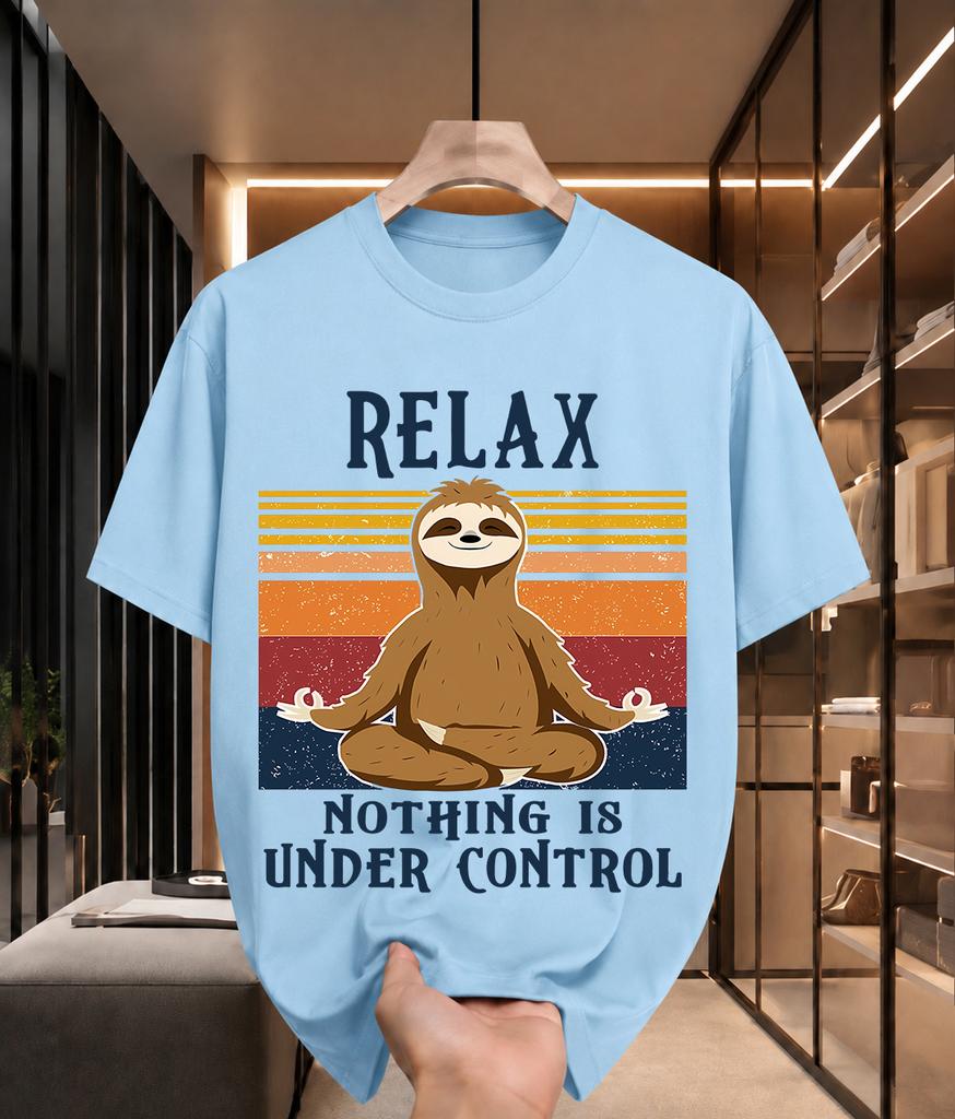 2026 New Cotton Tshirt Retro Gradient Stripe Sitting Sloth Relax Fun English Print Lazy Style Unisex Top