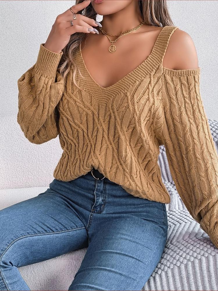 Herbst Winter Lässig Einfarbig Pullover Krapfen Off-Shoulder Lange Laternenärmel Pullover Blau Weiß Damen Kleidung