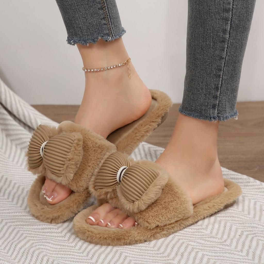 Internet celebrity flat bottom sweet bow flat bottom slippers women's autumn new plush lady slippers